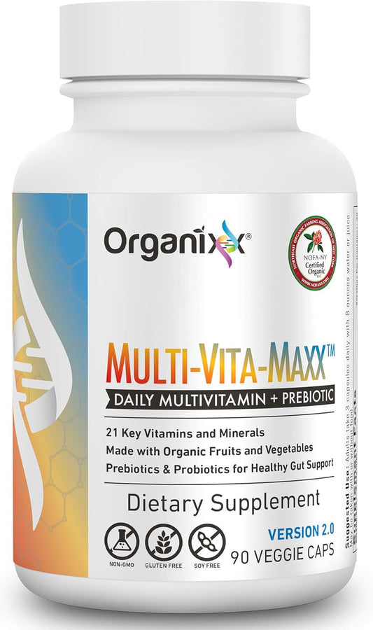 Organixx Vegan Multivitamin with Probiotics, Prebiotic, Vitamin C, D3, B Complex, Organic Fruits & Veggies - 90 Gel Capsules for Digestive & Immune Health