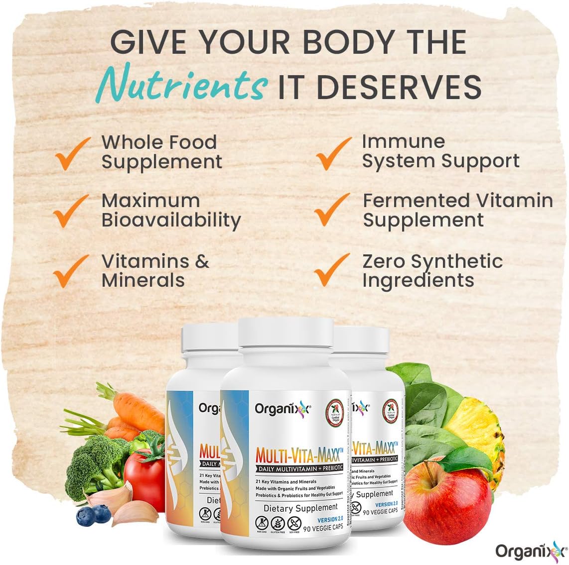 Organixx Vegan Multivitamin with Probiotics, Prebiotic, Vitamin C, D3, B Complex, Organic Fruits & Veggies - 90 Gel Capsules for Digestive & Immune Health