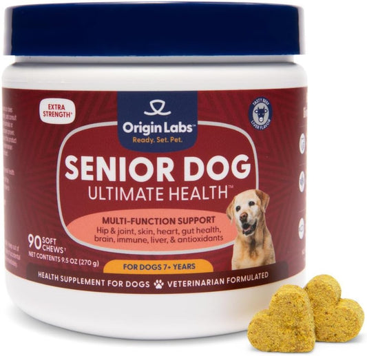 Origin Labs Senior Dog Supplement with Omega 3, Probiotics, Glucosamine, and Beef Liver Flavor - 90 Soft Chews for Gut, Heart, Skin, Liver, Joints, and Immune Support