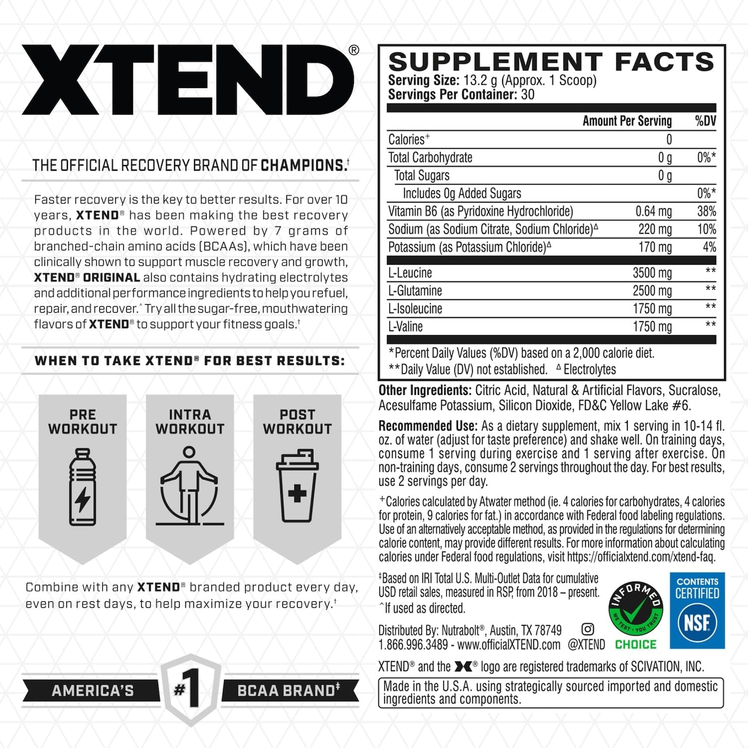 Original BCAA Powder with 7g BCAA & 2.5g L-Glutamine, Sugar Free Muscle Recovery Drink - 30 Servings for Men & Women