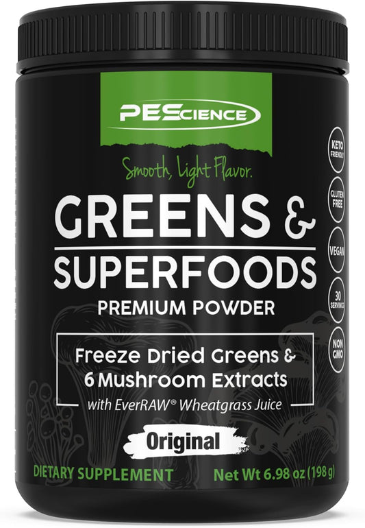 Original PEScience Greens & Superfoods Powder - 30 Servings, Turkey Tail Mushroom & Fruit Extracts Blend, Natural Chlorophyll Boost