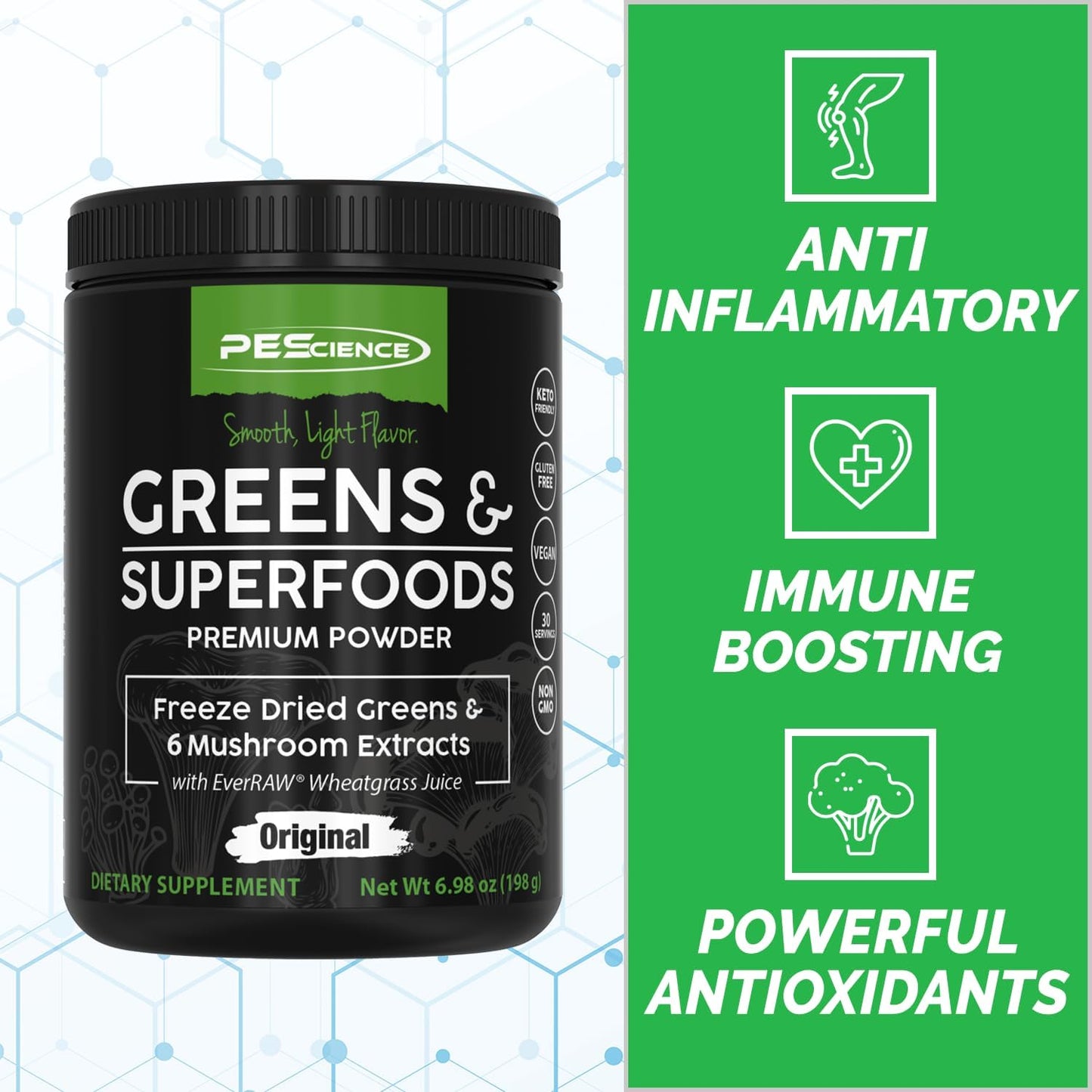 Original PEScience Greens & Superfoods Powder - 30 Servings, Turkey Tail Mushroom & Fruit Extracts Blend, Natural Chlorophyll Boost