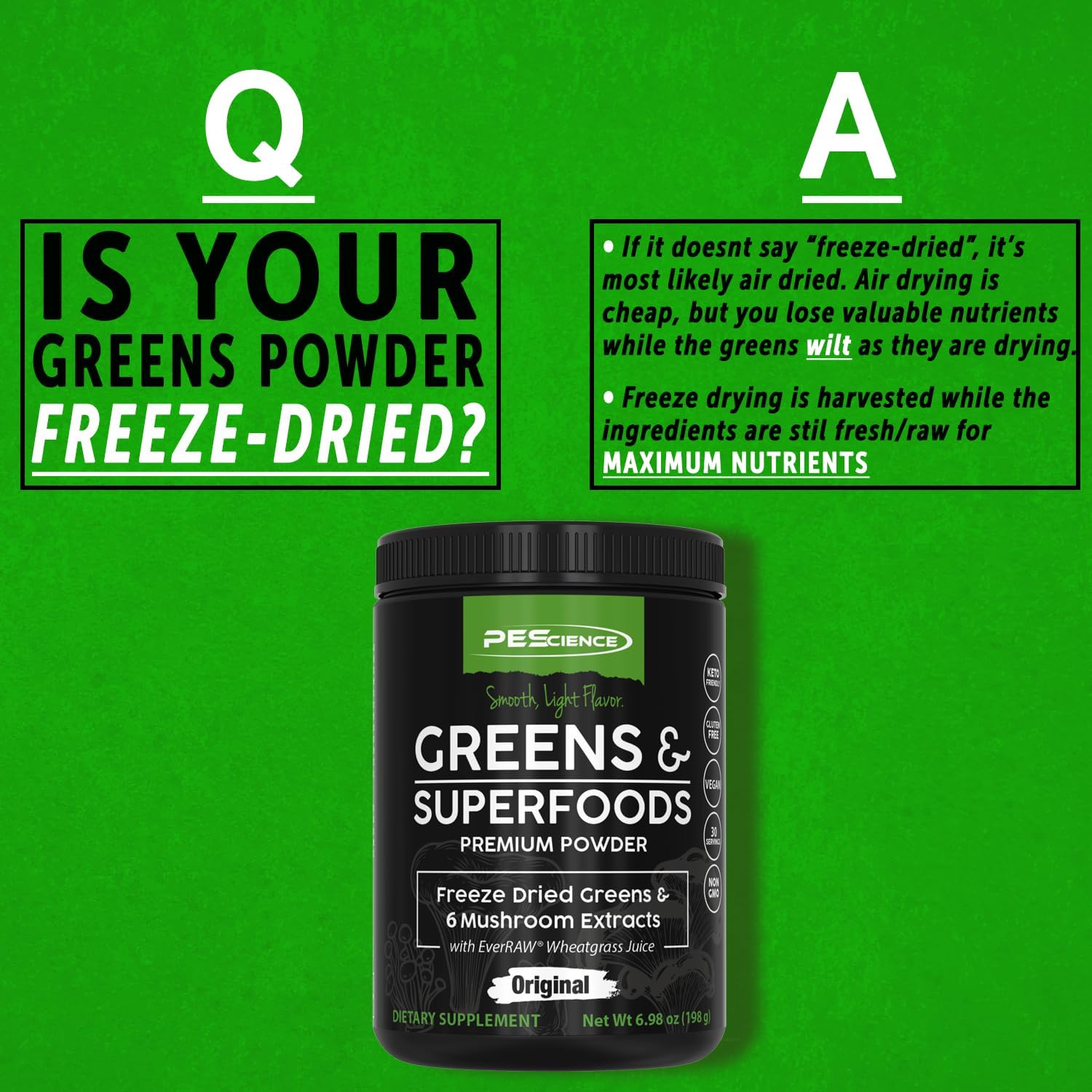 Original PEScience Greens & Superfoods Powder - 30 Servings, Turkey Tail Mushroom & Fruit Extracts Blend, Natural Chlorophyll Boost