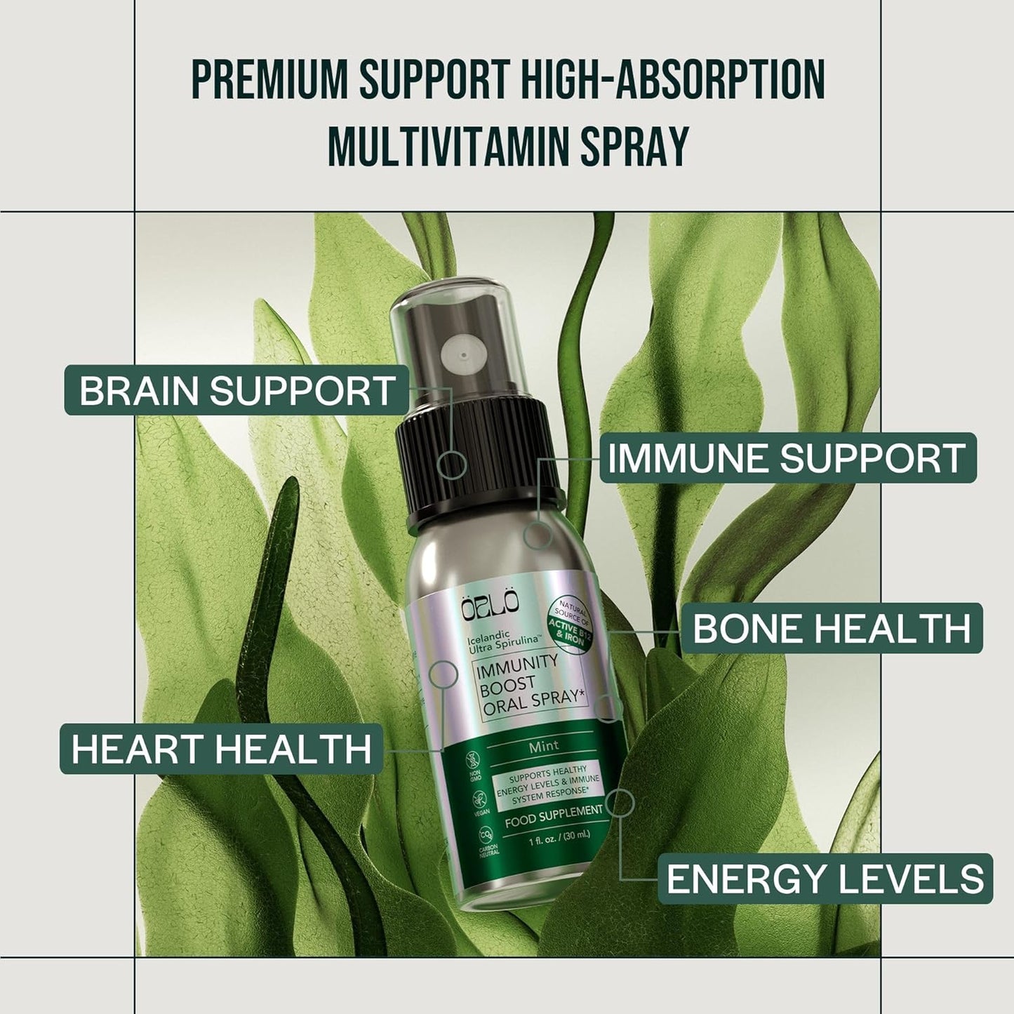 Orlo Immunity Boost Multivitamin Spray with Spirulina, Vitamin B Complex, B12, and D3 - Energy, Brain, and Immune Support for Adults (60 Servings)