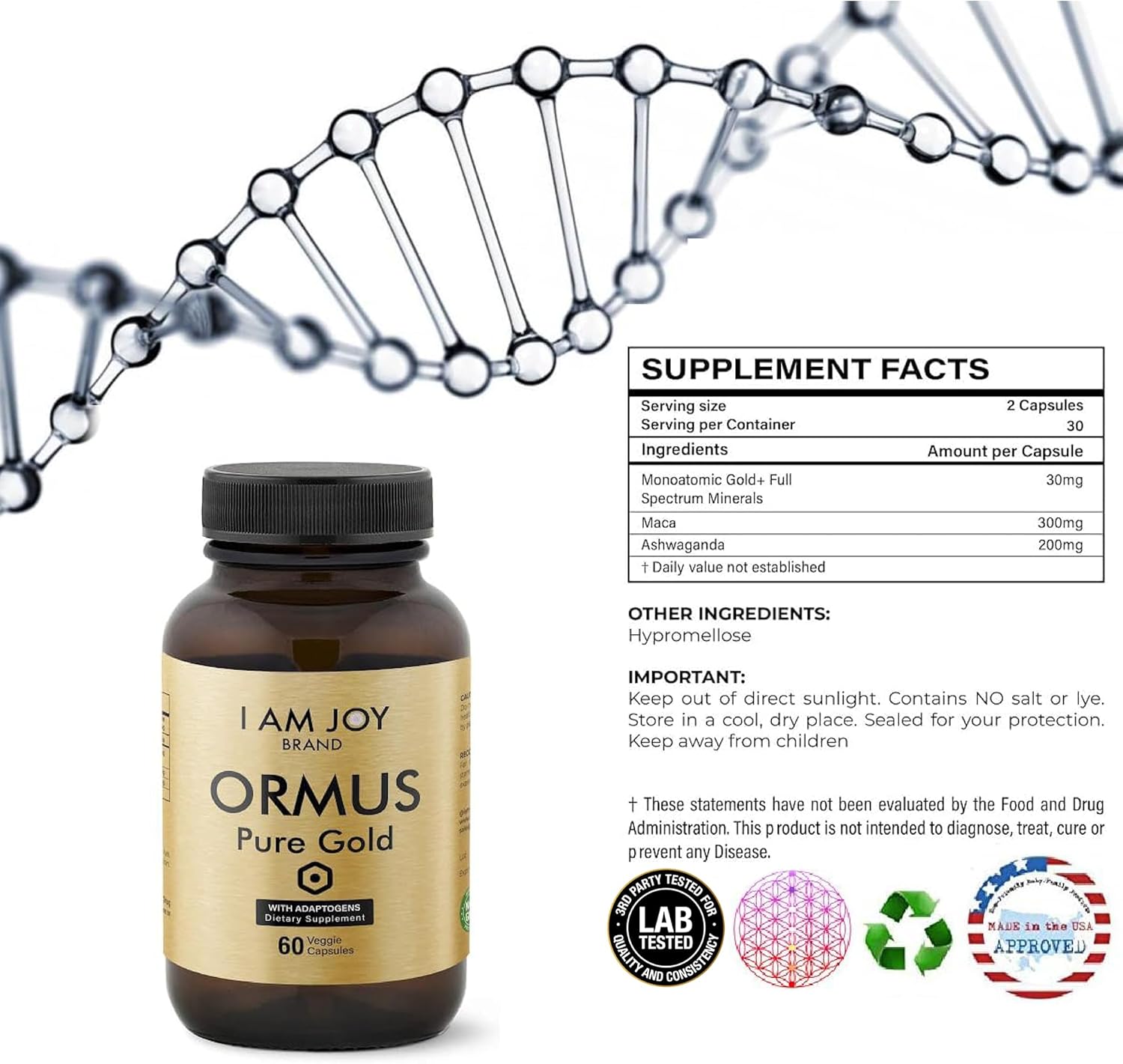 Ormus Gold Capsules with Adaptogens for Mood Balance & Pineal Gland - 60 Vegan Capsules