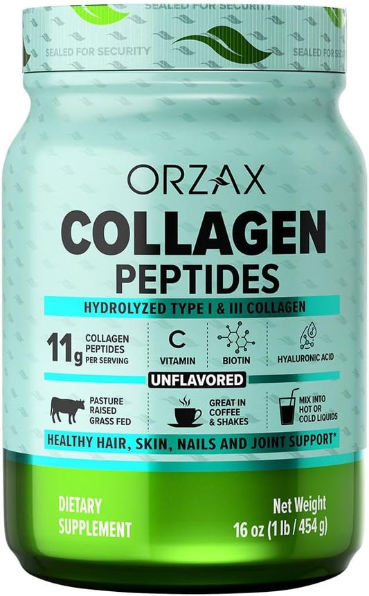 ORZAX Collagen Peptides Powder - 11g Type I & III Collagen with Biotin & Hyaluronic Acid - 16 oz Unflavored Powder
