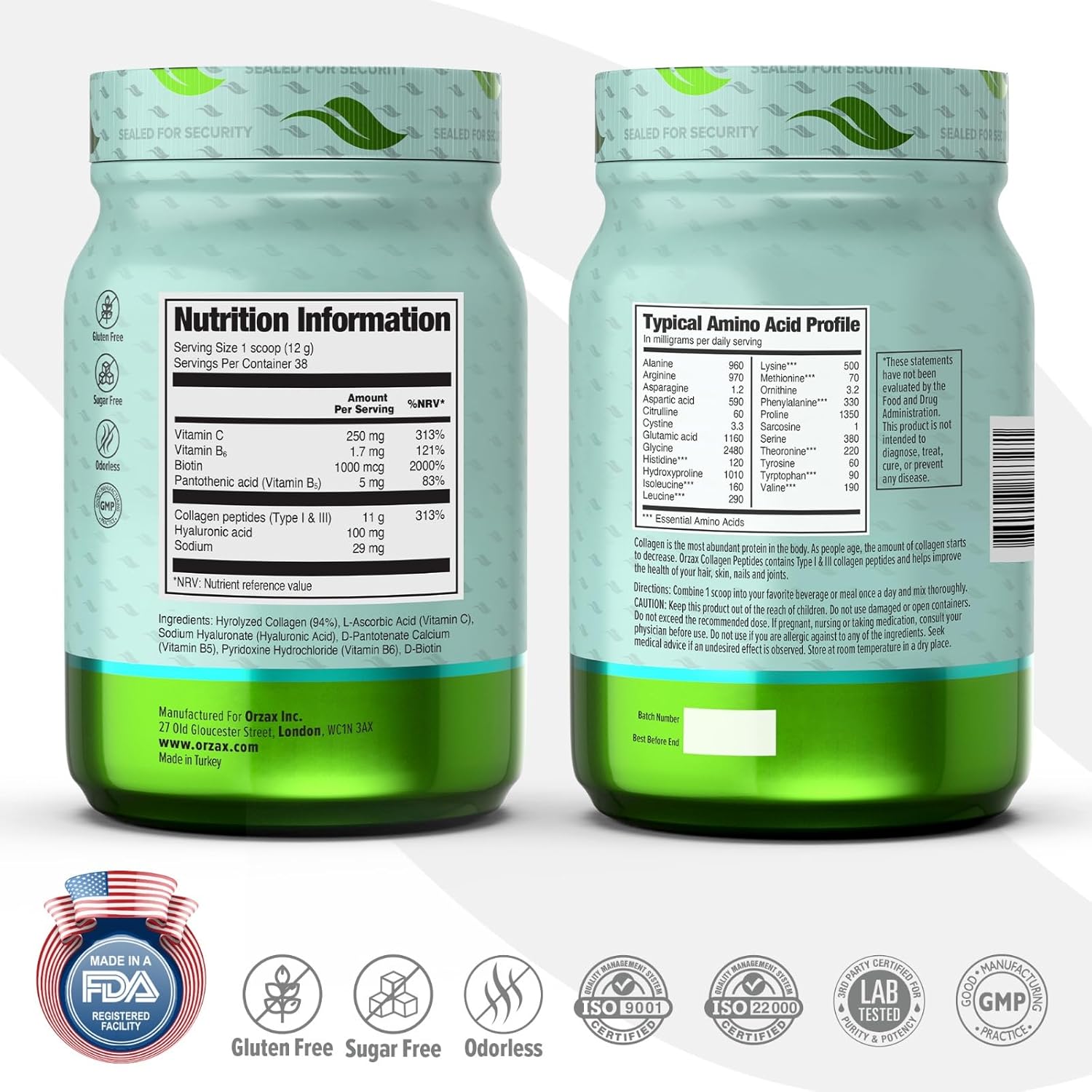 ORZAX Collagen Peptides Powder - 11g Type I & III Collagen with Biotin & Hyaluronic Acid - 16 oz Unflavored Powder