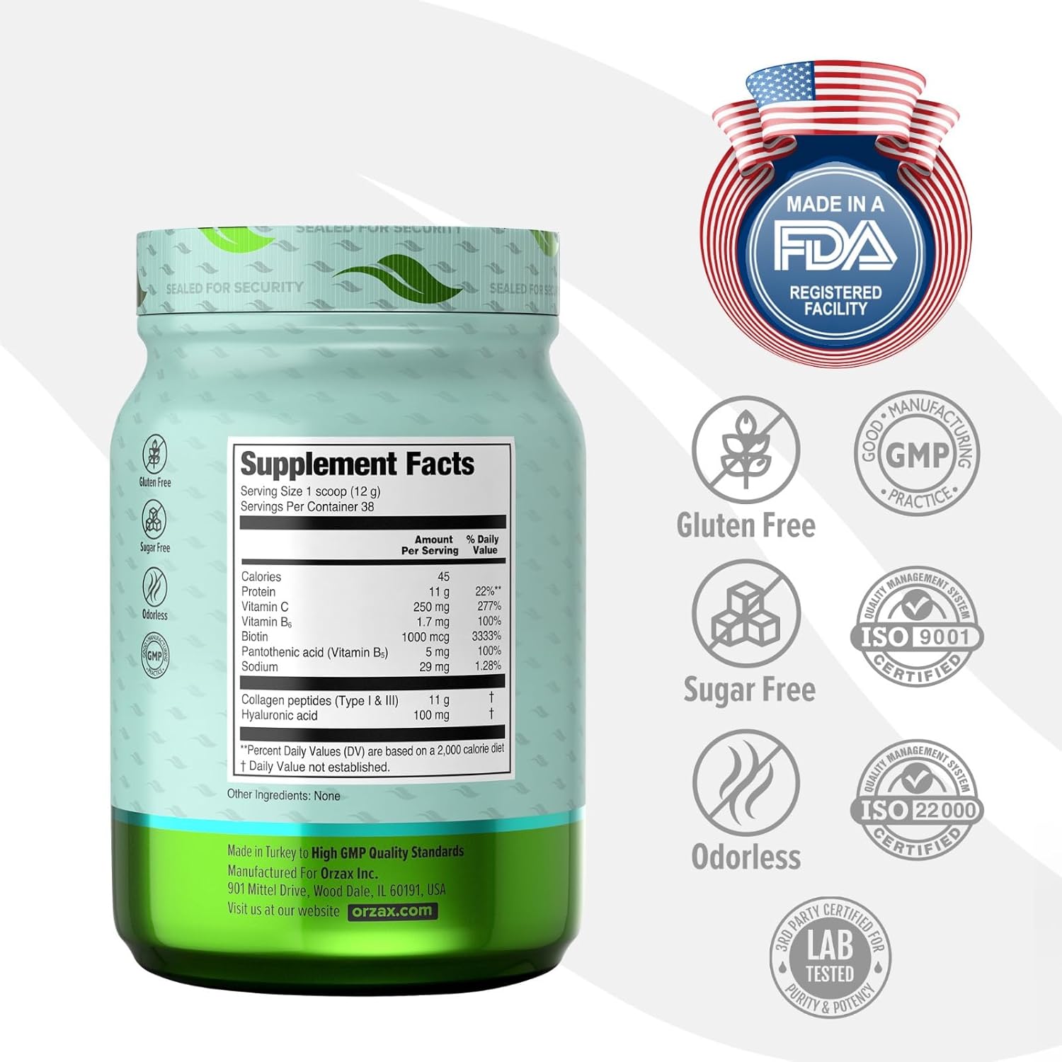 ORZAX Collagen Peptides Powder - 11g Type I & III Collagen with Biotin & Hyaluronic Acid - 16 oz Unflavored Powder