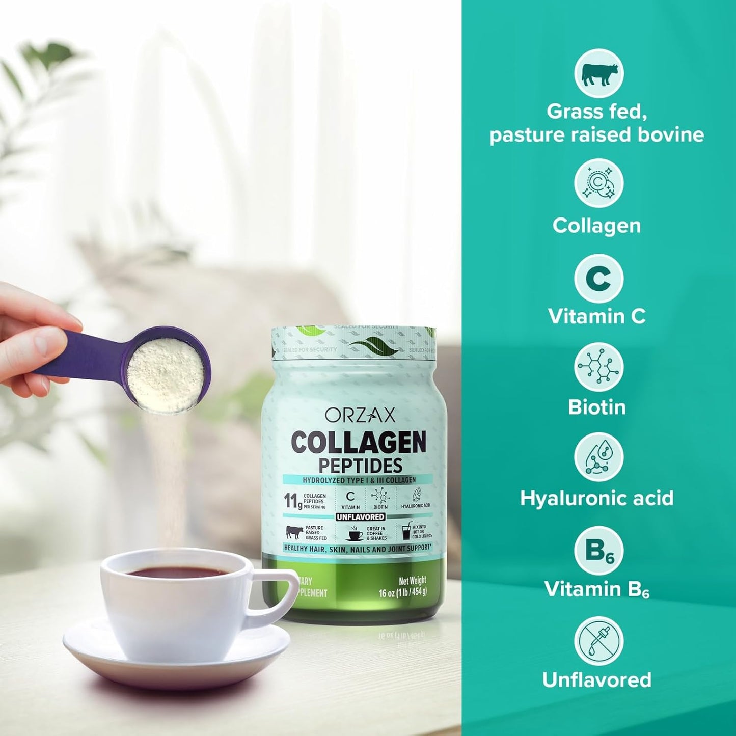 ORZAX Collagen Peptides Powder - 11g Type I & III Collagen with Biotin & Hyaluronic Acid - 16 oz Unflavored Powder