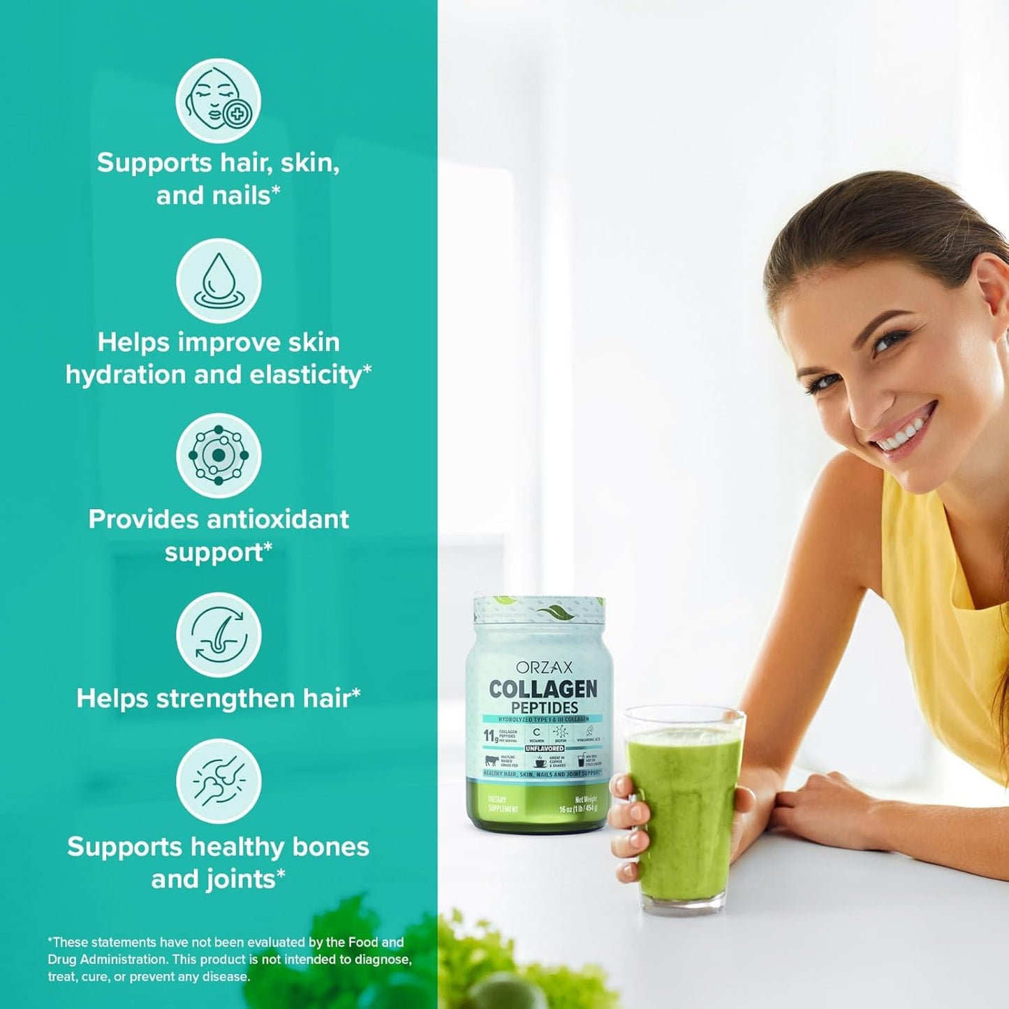 ORZAX Collagen Peptides Powder - 11g Type I & III Collagen with Biotin & Hyaluronic Acid - 16 oz Unflavored Powder