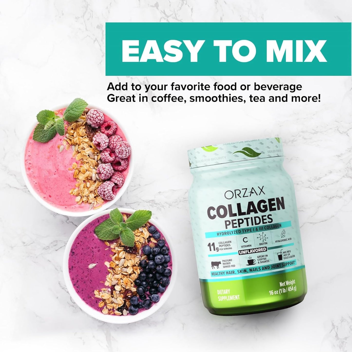 ORZAX Collagen Peptides Powder - 11g Type I & III Collagen with Biotin & Hyaluronic Acid - 16 oz Unflavored Powder