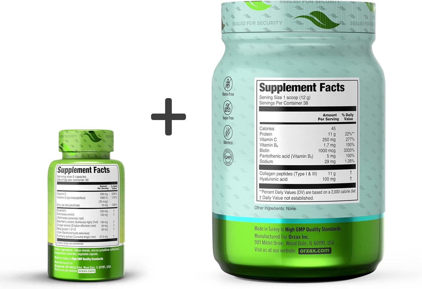 ORZAX Immune Support Supplement and Collagen Peptides Powder Bundle - 9-in-1 Powerful Formula, Unflavored 16 oz