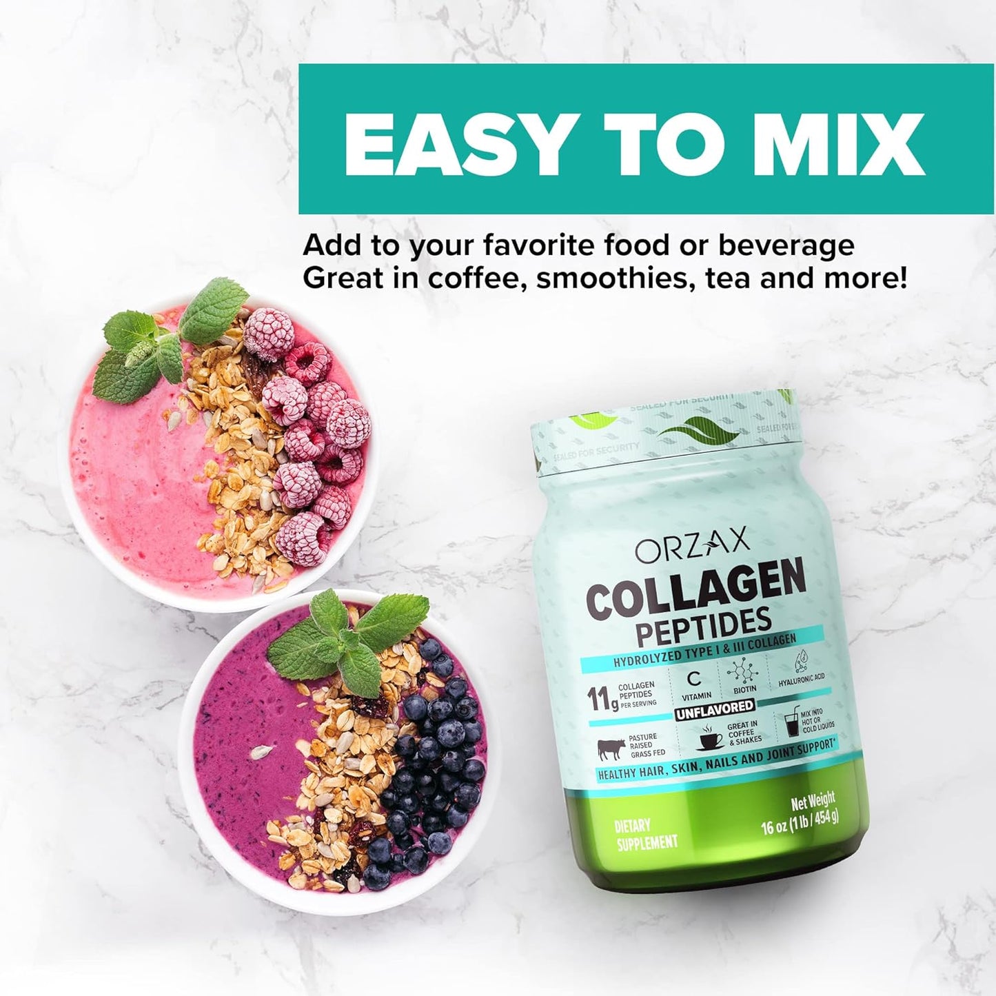 ORZAX Immune Support Supplement and Collagen Peptides Powder Bundle - 9-in-1 Powerful Formula, Unflavored 16 oz