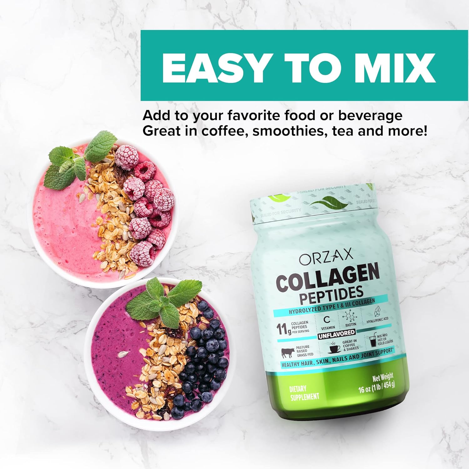 ORZAX Immune Support Supplement and Collagen Peptides Powder Bundle - 9-in-1 Powerful Formula, Unflavored 16 oz