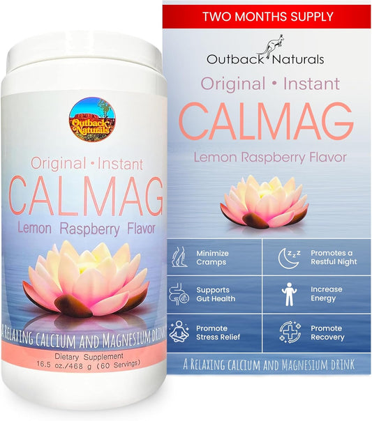 Outback Naturals CalMag 2:1 Lemon Raspberry Powder - High Absorption Calcium Magnesium Citrate Supplement for Bone Health, Stress Relief, and Sleep - 16.5oz