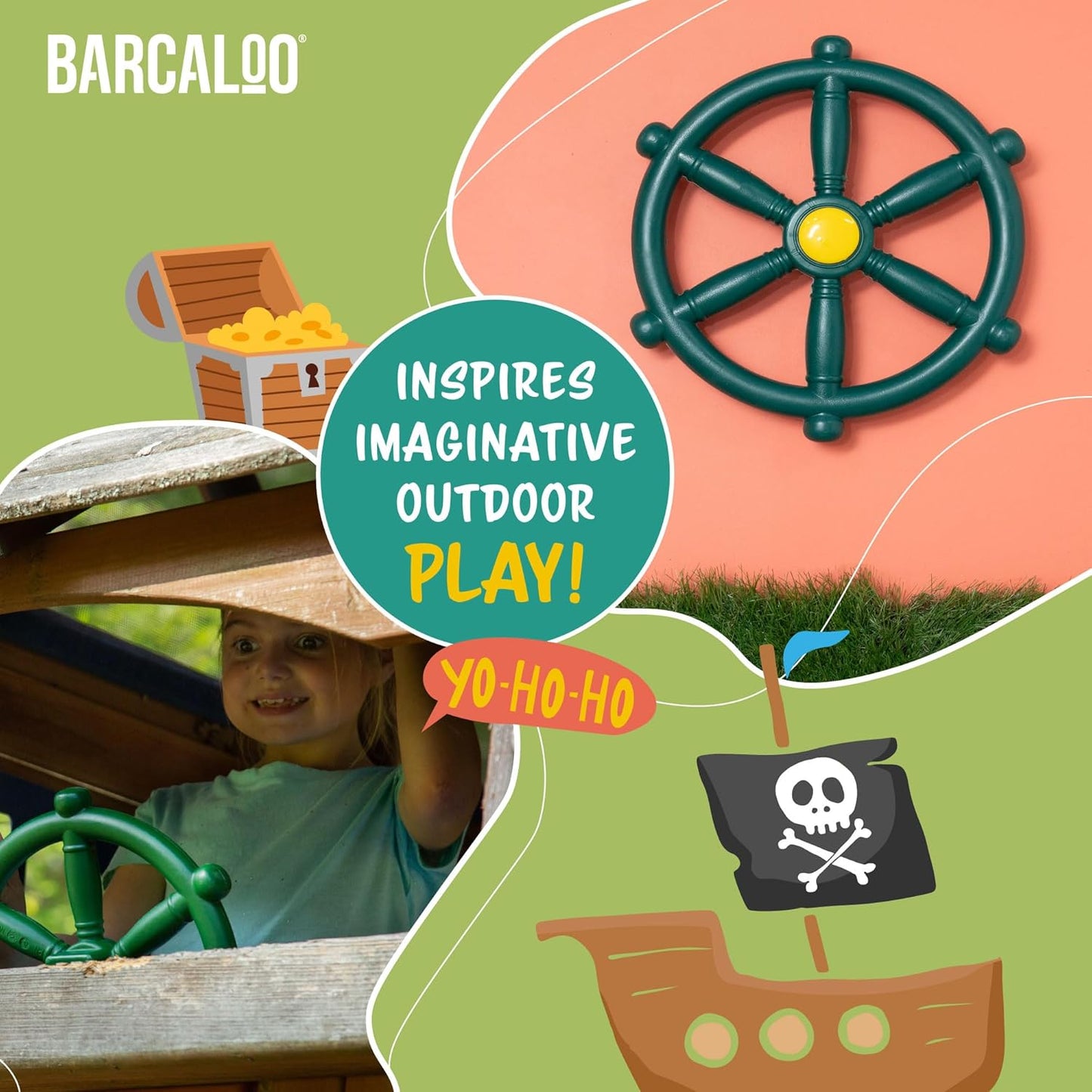 Outdoor Playhouse Toy Steering Wheel for Kids - Barcaloo Plastic Pirate Ship Wheel for Swing Set or Jungle Gym Accessories