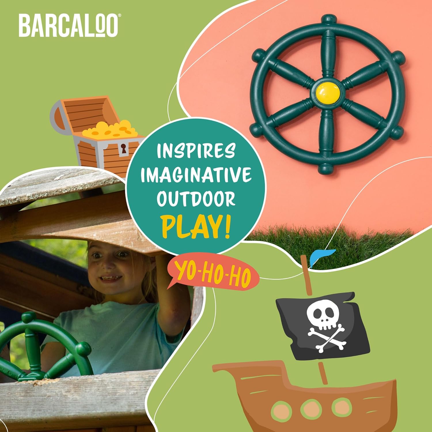 Outdoor Playhouse Toy Steering Wheel for Kids - Barcaloo Plastic Pirate Ship Wheel for Swing Set or Jungle Gym Accessories