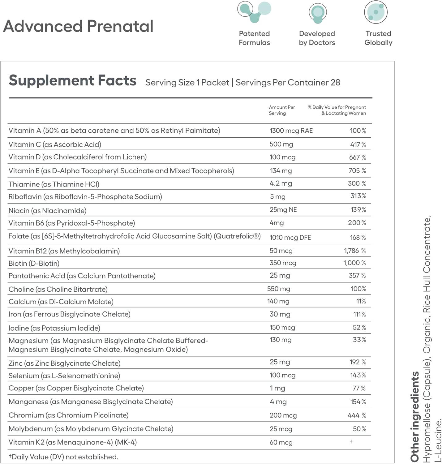 Ovaterra Advanced Prenatal Multivitamin with Choline, Methylfolate, Iron, Vitamins A, B6, B12 - 4-Week Supply