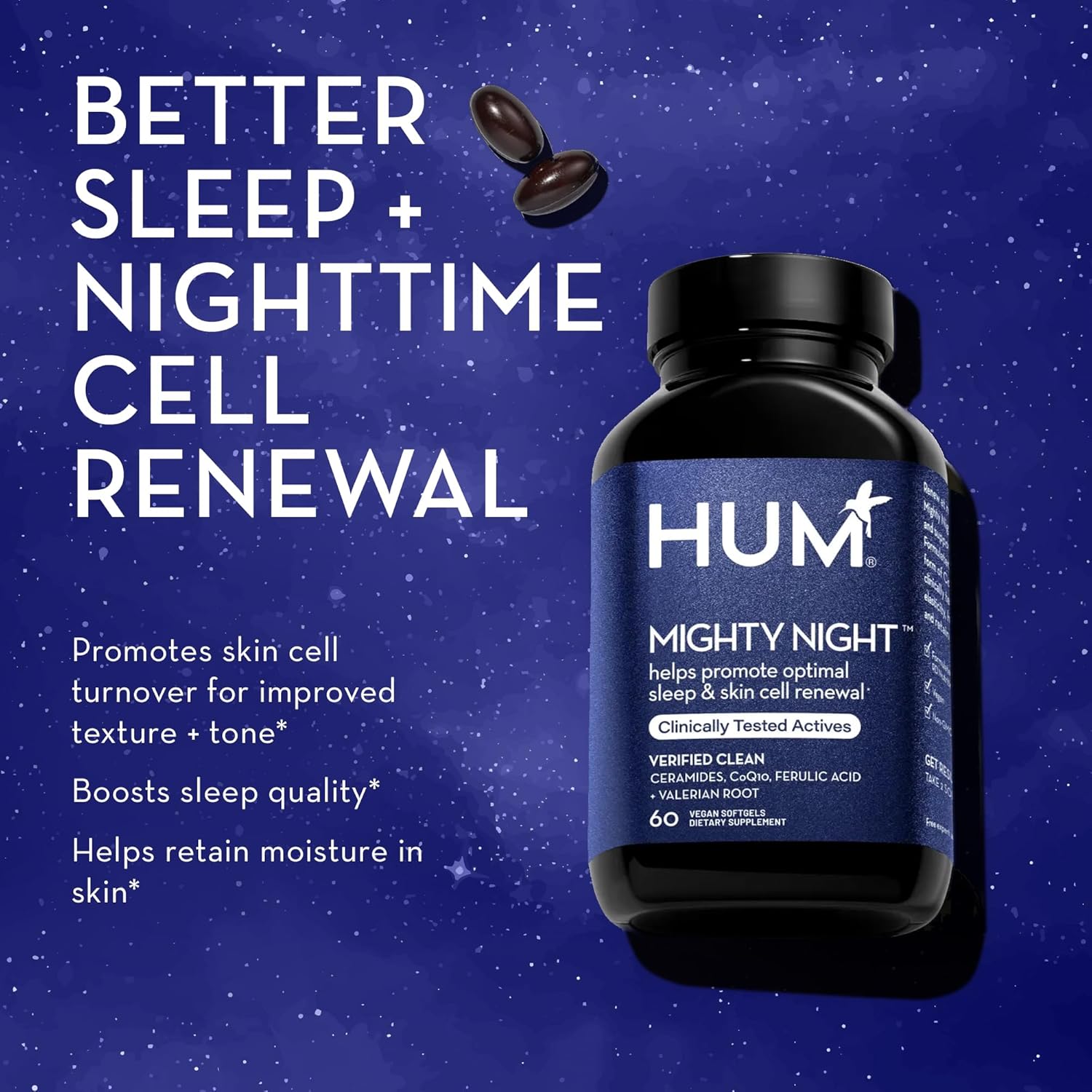 Overnight Beauty Vitamins for Women - HUM Mighty Night Supplement with CoQ10 & Ferulic Acid to Promote Skin Cell Turnover (60-Count)