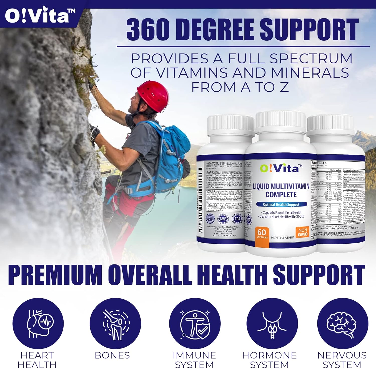 O!VITA Liquid Multivitamin with 42 Fruits and Vegetables, Easy Absorption - 60 Vegan Capsules