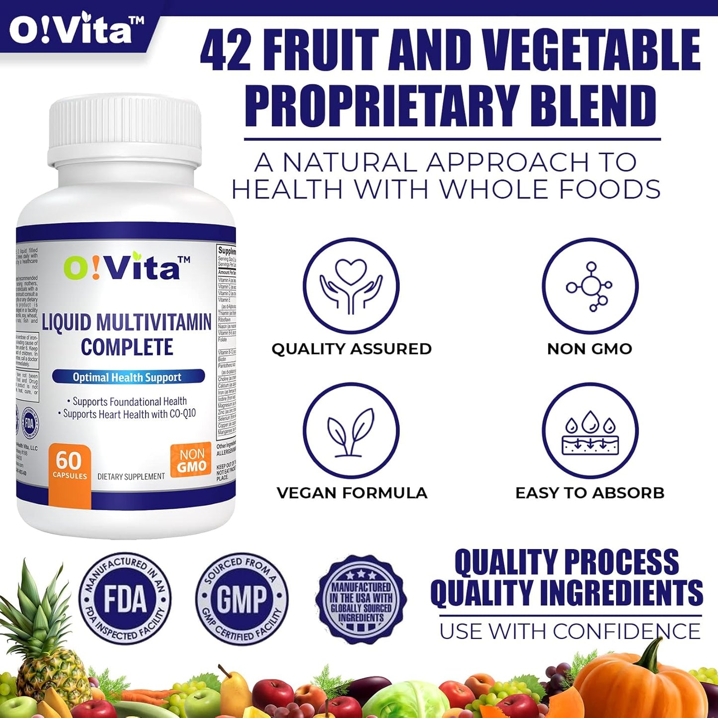 O!VITA Liquid Multivitamin with 42 Fruits and Vegetables, Easy Absorption - 60 Vegan Capsules