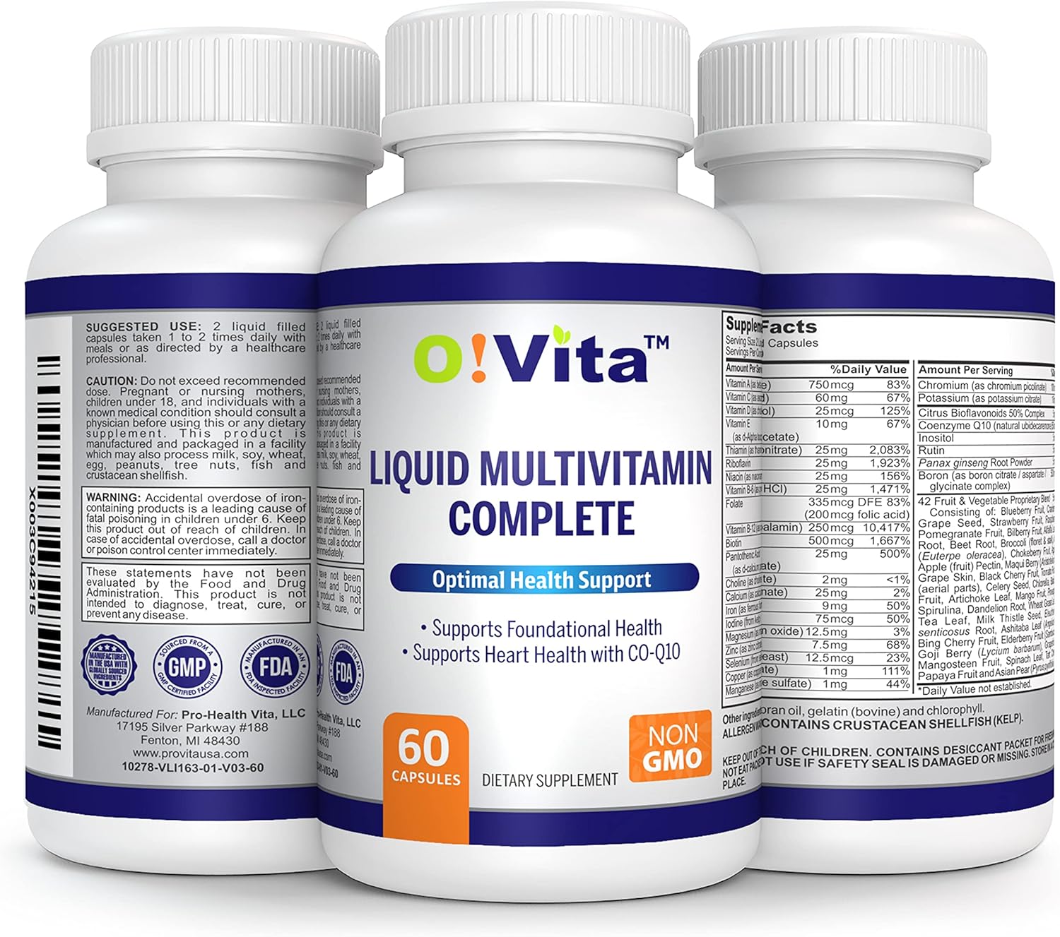O!VITA Liquid Multivitamin with 42 Fruits and Vegetables, Easy Absorption - 60 Vegan Capsules