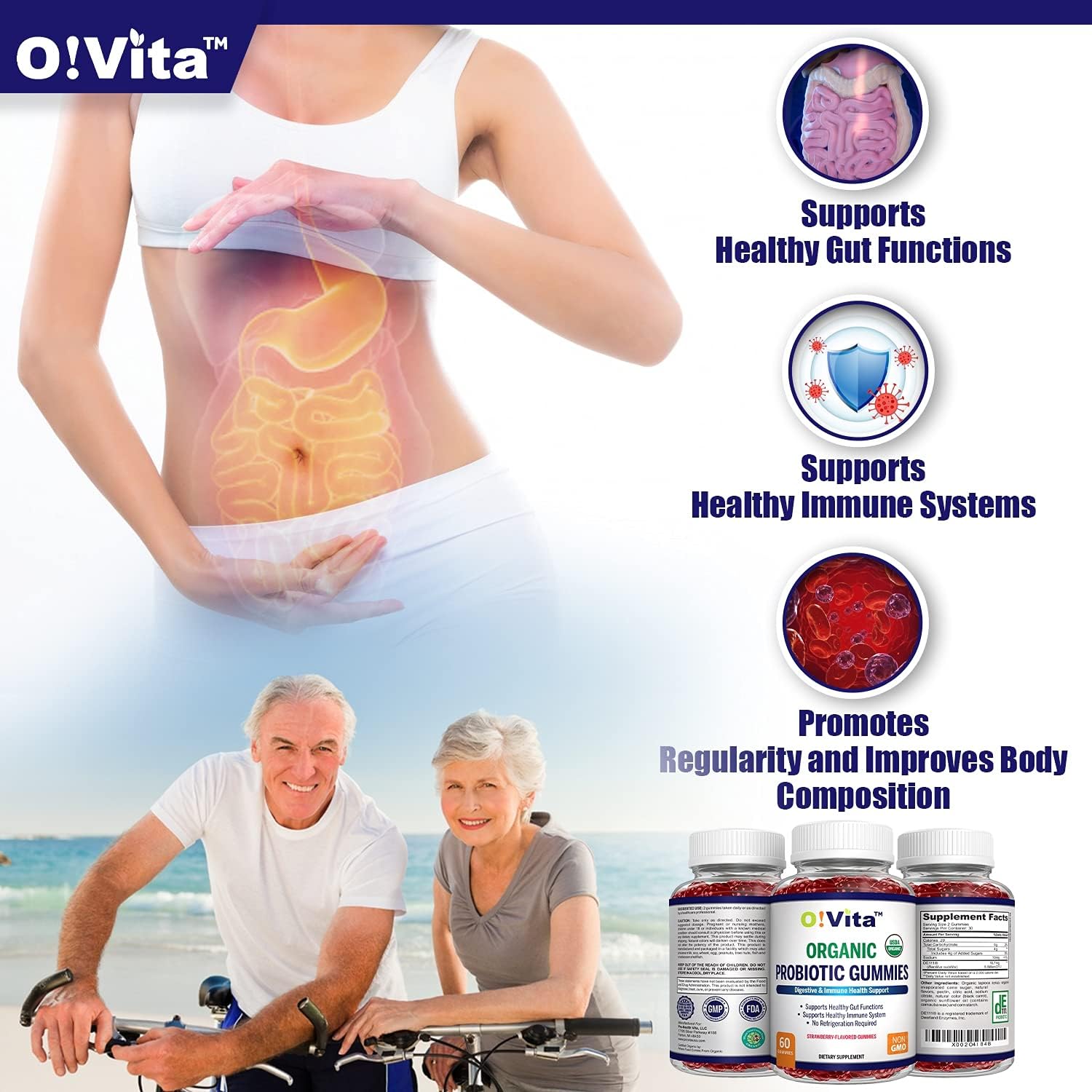 O!VITA Organic Probiotic Gummies - Strawberry Flavored, 5 Billion CFU, Immune & Gut Health, Max Strength - 60 Non-GMO Gummies for Men, Women, Kids