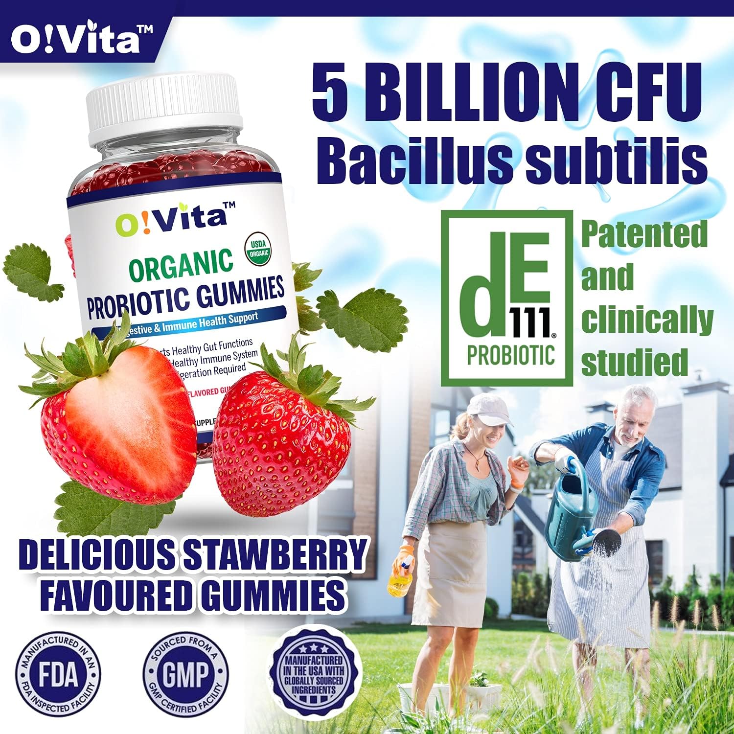 O!VITA Organic Probiotic Gummies - Strawberry Flavored, 5 Billion CFU, Immune & Gut Health, Max Strength - 60 Non-GMO Gummies for Men, Women, Kids