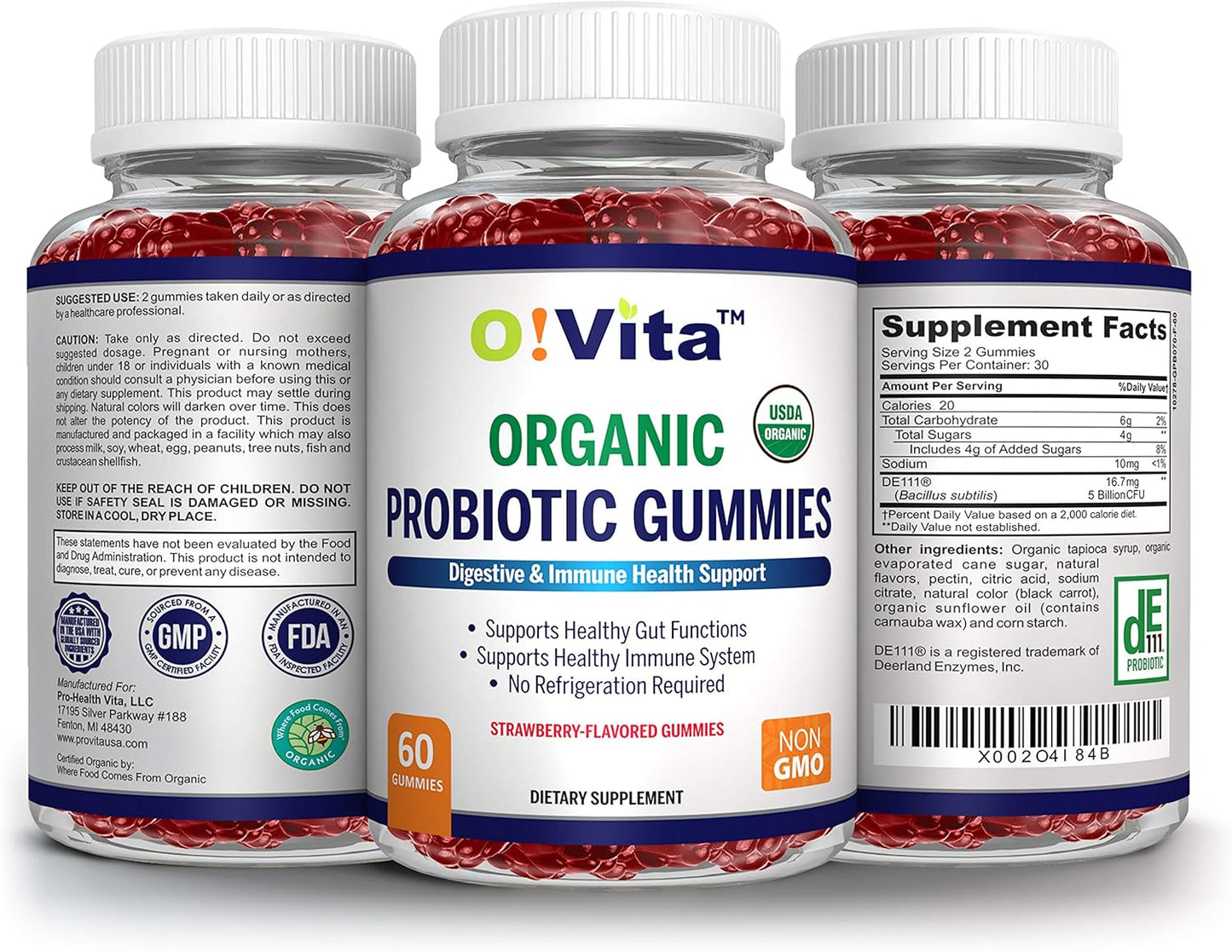 O!VITA Organic Probiotic Gummies - Strawberry Flavored, 5 Billion CFU, Immune & Gut Health, Max Strength - 60 Non-GMO Gummies for Men, Women, Kids