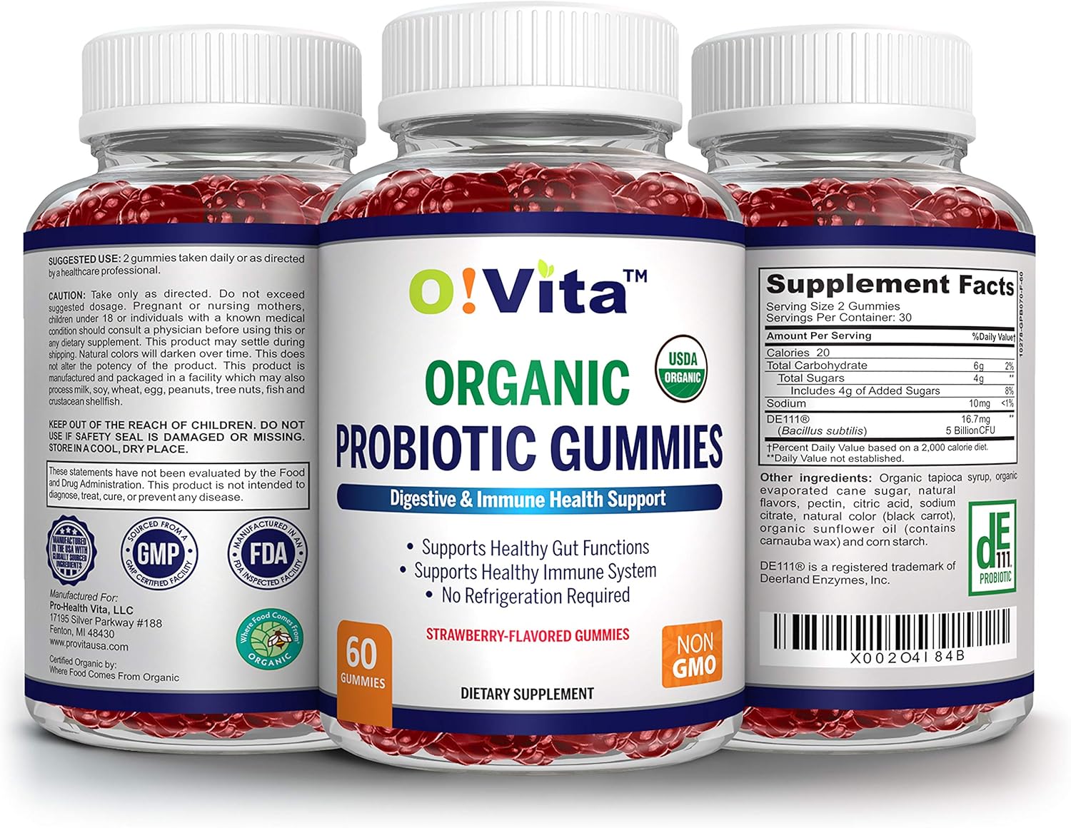 O!VITA Organic Probiotic Gummies - Strawberry Flavored, 5 Billion CFU, Immune & Gut Health, Max Strength - 60 Non-GMO Gummies for Men, Women, Kids