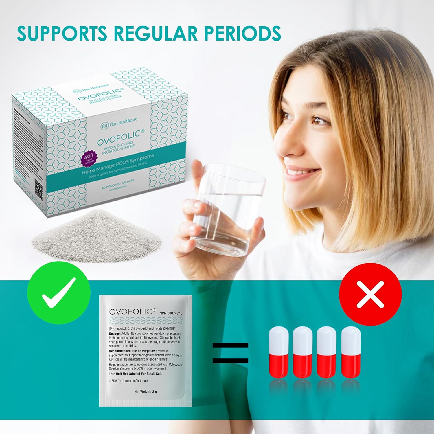 Ovofolic Inositol Supplement with Myo-Inositol, D-Chiro Inositol, and Folate - 40:1 Ratio for Hormone Balance and Ovarian Support - 60 Sachets