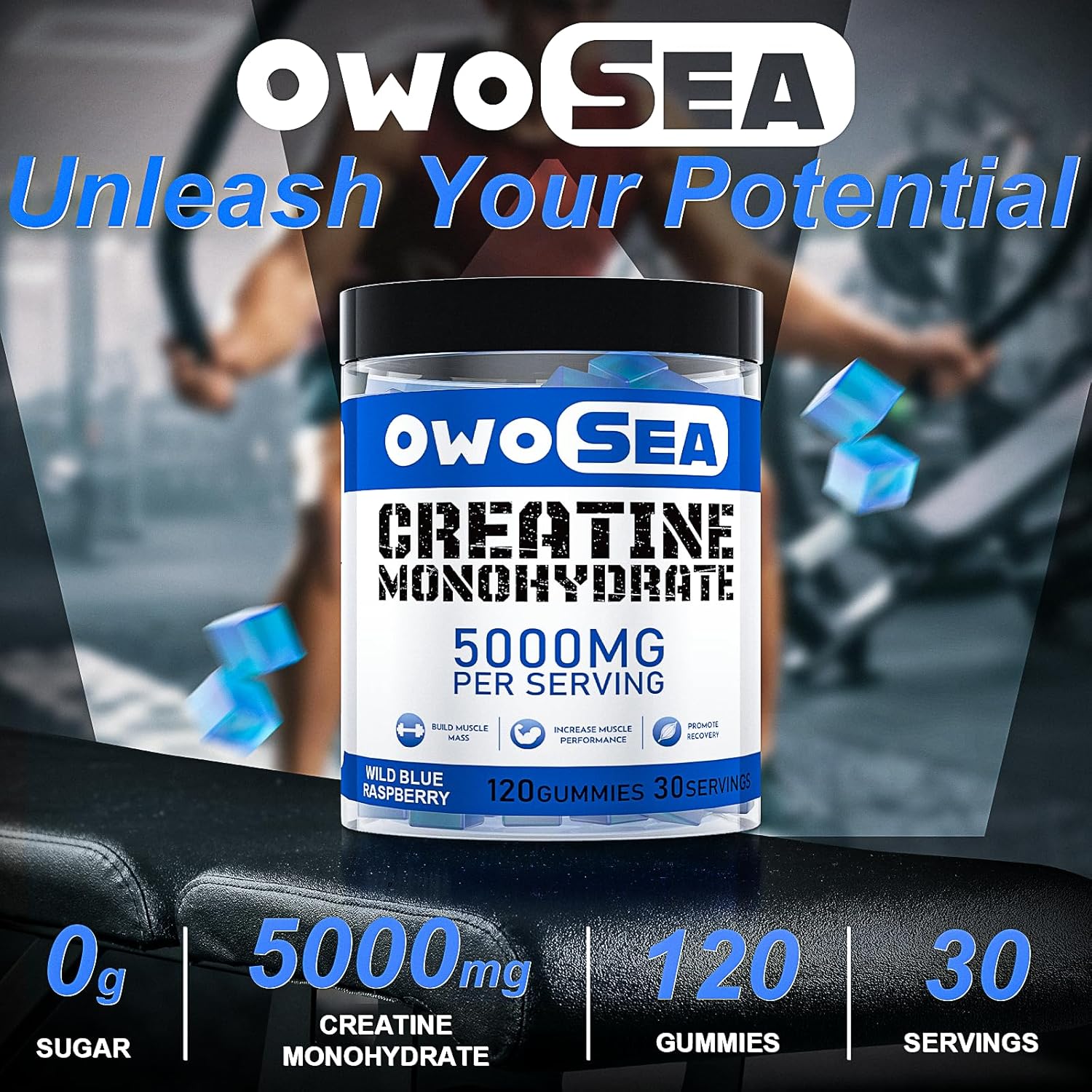 OWOSEA Creatine Monohydrate Gummies - 5000mg per Serving - Muscle Support & Energy Boost - 120 Count Chewable - Sugar Free Vegan - Blue Raspberry Flavor