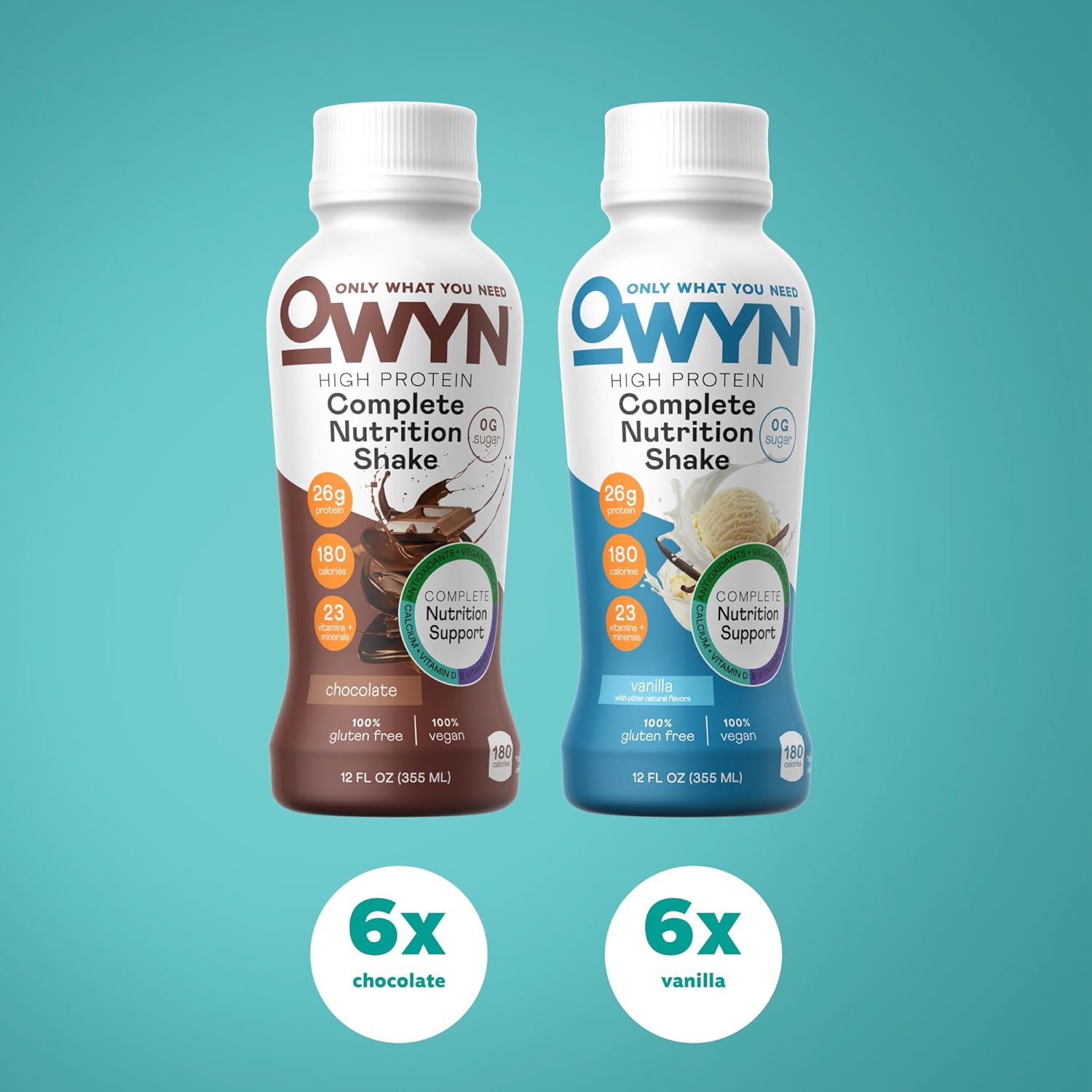 OWYN High Protein Plant Based Nutrition Shake Variety Pack, Chocolate & Vanilla, 12 Fl Oz (12 Pack)