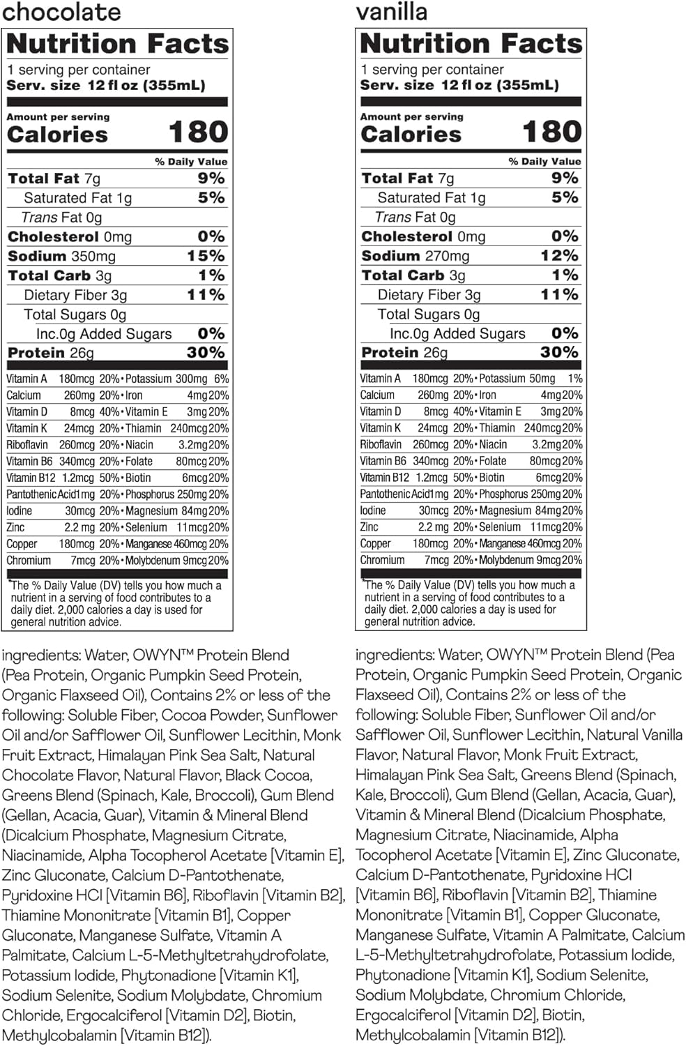 OWYN High Protein Plant Based Nutrition Shake Variety Pack, Chocolate & Vanilla, 12 Fl Oz (12 Pack)