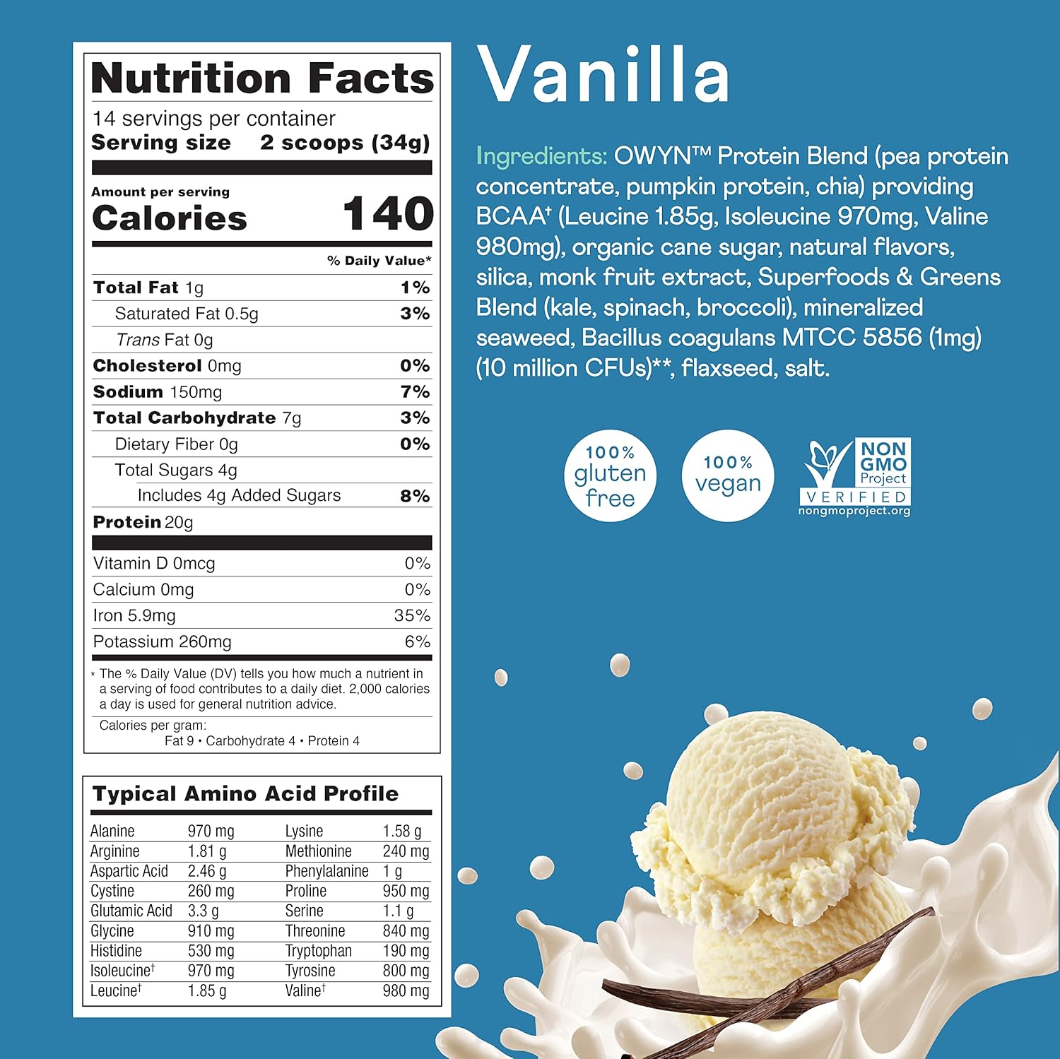 OWYN Plant-Based Protein Powder in Smooth Vanilla Flavor - 1.05 lbs