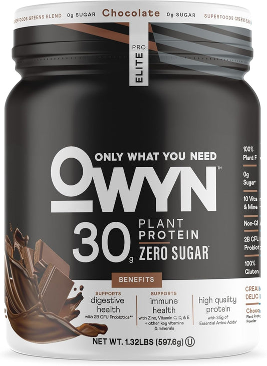 OWYN Pro Elite High Protein Powder - 30g Vegan Protein for Workout Recovery - Delicious Chocolate Flavor - Zero Sugar - Low Net Carbs - 12 Servings (1.32 LB)