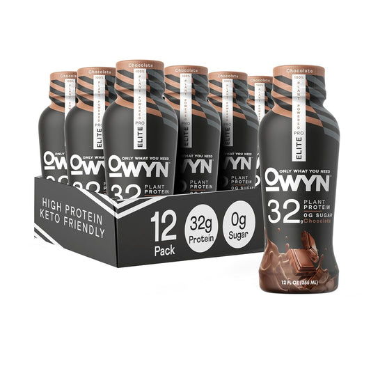 OWYN Pro Elite Vegan High Protein Keto Shake - 32g Protein, 9 Amino Acids, Omega-3, Prebiotics, Superfoods Greens - Workout Recovery, 0g Net Carbs, Zero Sugar, Chocolate - 12 Fl Oz (Pack of 12)
