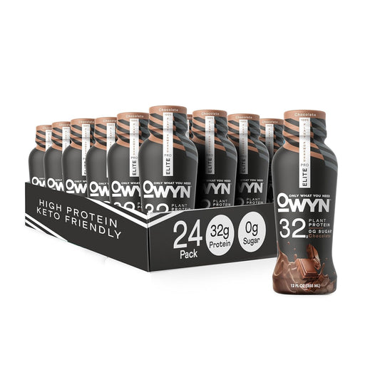 OWYN Pro Elite Vegan High Protein Keto Shake - 32g Protein, 9 Amino Acids, Omega-3, Prebiotics - Workout & Recovery - 0g Net Carbs, Zero Sugar - Chocolate - 12 Fl Oz (Pack of 24)