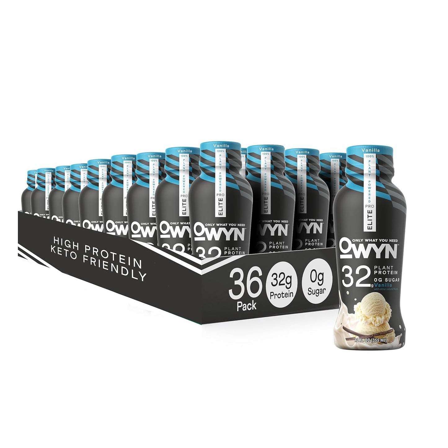 OWYN Pro Elite Vegan High Protein Keto Shake - 32g Protein, 9 Amino Acids, Omega-3, Prebiotics - Workout Recovery Drink - Zero Sugar, 0g Net Carbs - Vanilla Flavor - 12 Fl Oz (Pack of 36)