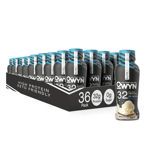 OWYN Pro Elite Vegan High Protein Keto Shake - 32g Protein, 9 Amino Acids, Omega-3, Prebiotics - Workout Recovery Drink - Zero Sugar, 0g Net Carbs - Vanilla Flavor - 12 Fl Oz (Pack of 36)