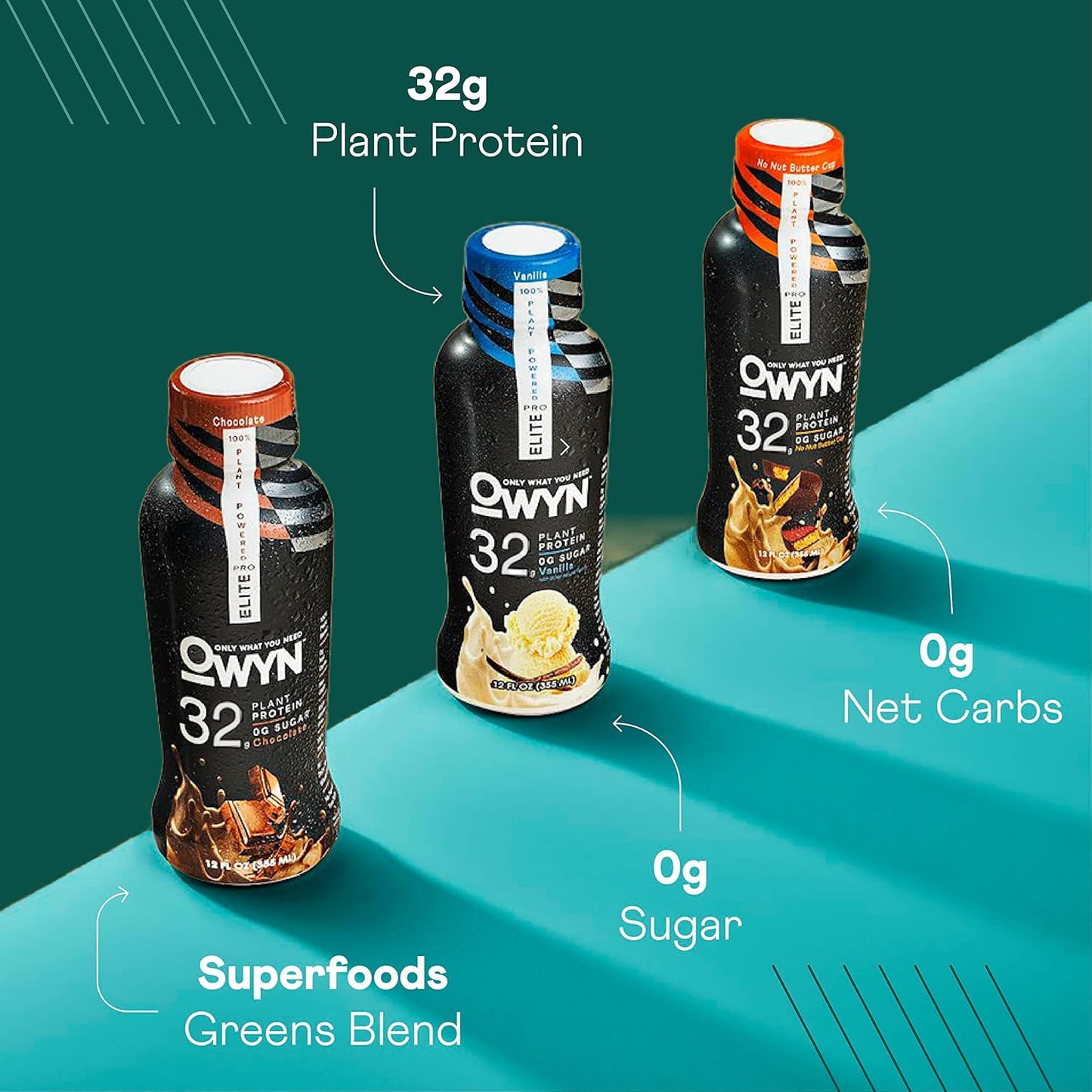 OWYN Pro Elite Vegan High Protein Keto Shake - 32g Protein, 9 Amino Acids, Omega-3, Prebiotics - Workout Recovery Drink - Zero Sugar, 0g Net Carbs - Vanilla Flavor - 12 Fl Oz (Pack of 36)