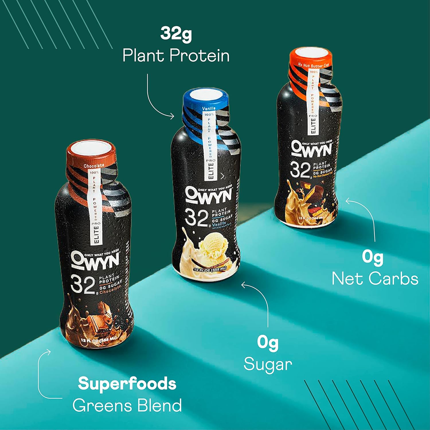 OWYN Pro Elite Vegan High Protein Keto Shake - 32g Protein, 9 Amino Acids, Omega-3, Prebiotics - Workout Recovery Drink - Zero Sugar, 0g Net Carbs - Vanilla Flavor - 12 Fl Oz (Pack of 36)