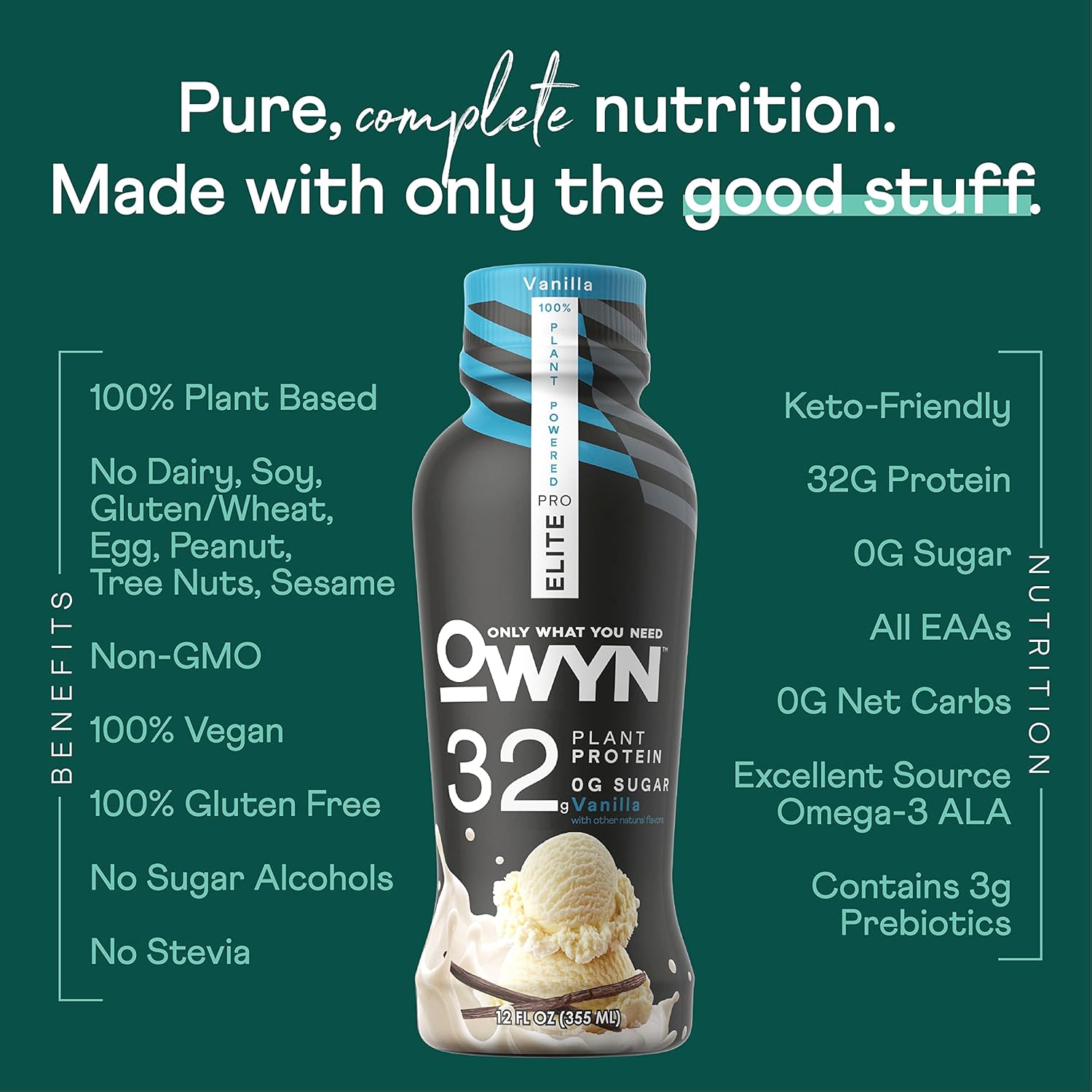 OWYN Pro Elite Vegan High Protein Keto Shake - 32g Protein, 9 Amino Acids, Omega-3, Prebiotics - Workout Recovery Drink - Zero Sugar, 0g Net Carbs - Vanilla Flavor - 12 Fl Oz (Pack of 36)