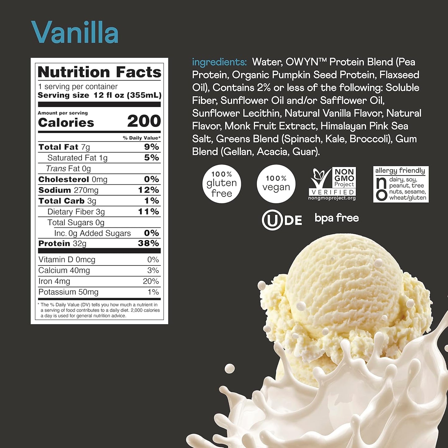 OWYN Pro Elite Vegan High Protein Keto Shake - 32g Protein, 9 Amino Acids, Omega-3, Prebiotics - Workout Recovery Drink - Zero Sugar, 0g Net Carbs - Vanilla Flavor - 12 Fl Oz (Pack of 36)