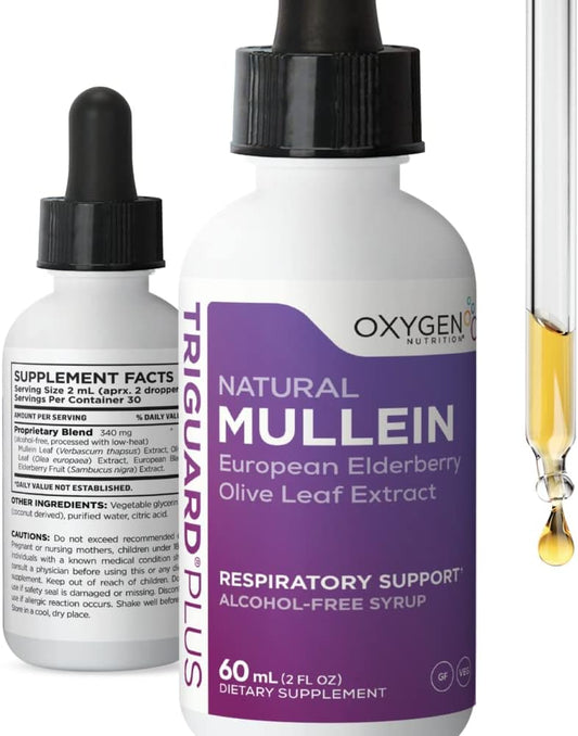 Oxygen Nutrition Mullein Plus Elderberry & Olive Leaf Extract 2 fl oz - Supports Respiratory Health & Immune System | Alcohol-Free, Non-GMO, USA Made