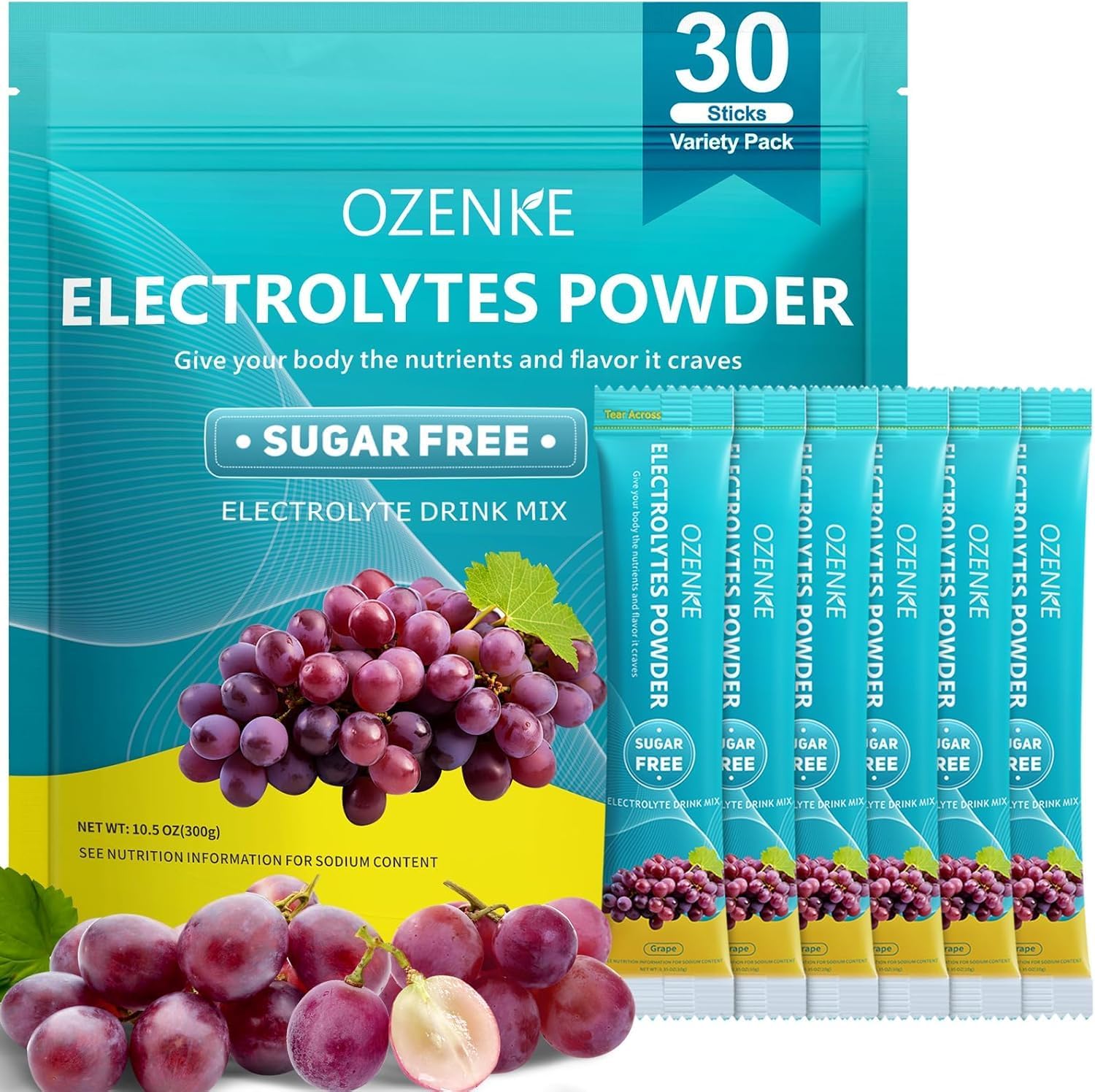 OZENKE Electrolyte Powder Packets - 30 Sticks, Sugar-Free Hydration Mix for Rapid Hydration, Grape Flavor, 0 Calorie & 0 Sugar