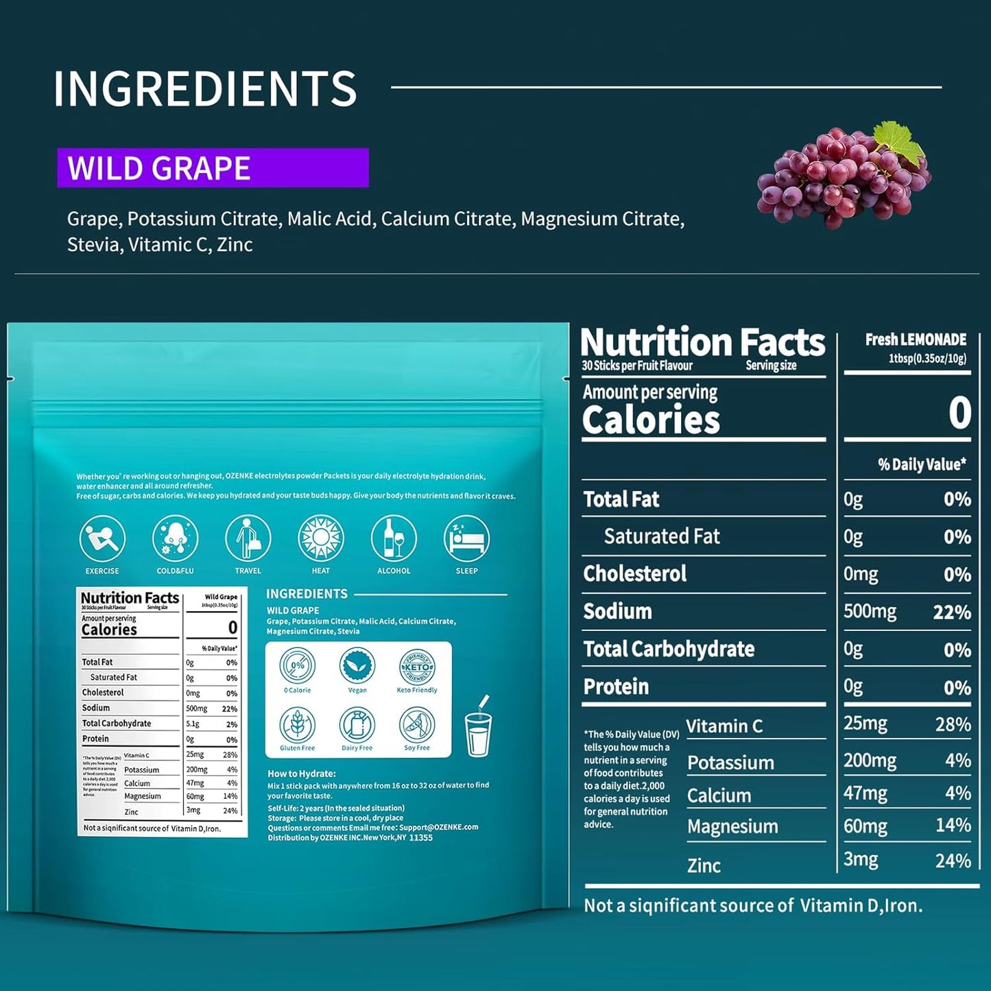 OZENKE Electrolyte Powder Packets - 30 Sticks, Sugar-Free Hydration Mix for Rapid Hydration, Grape Flavor, 0 Calorie & 0 Sugar