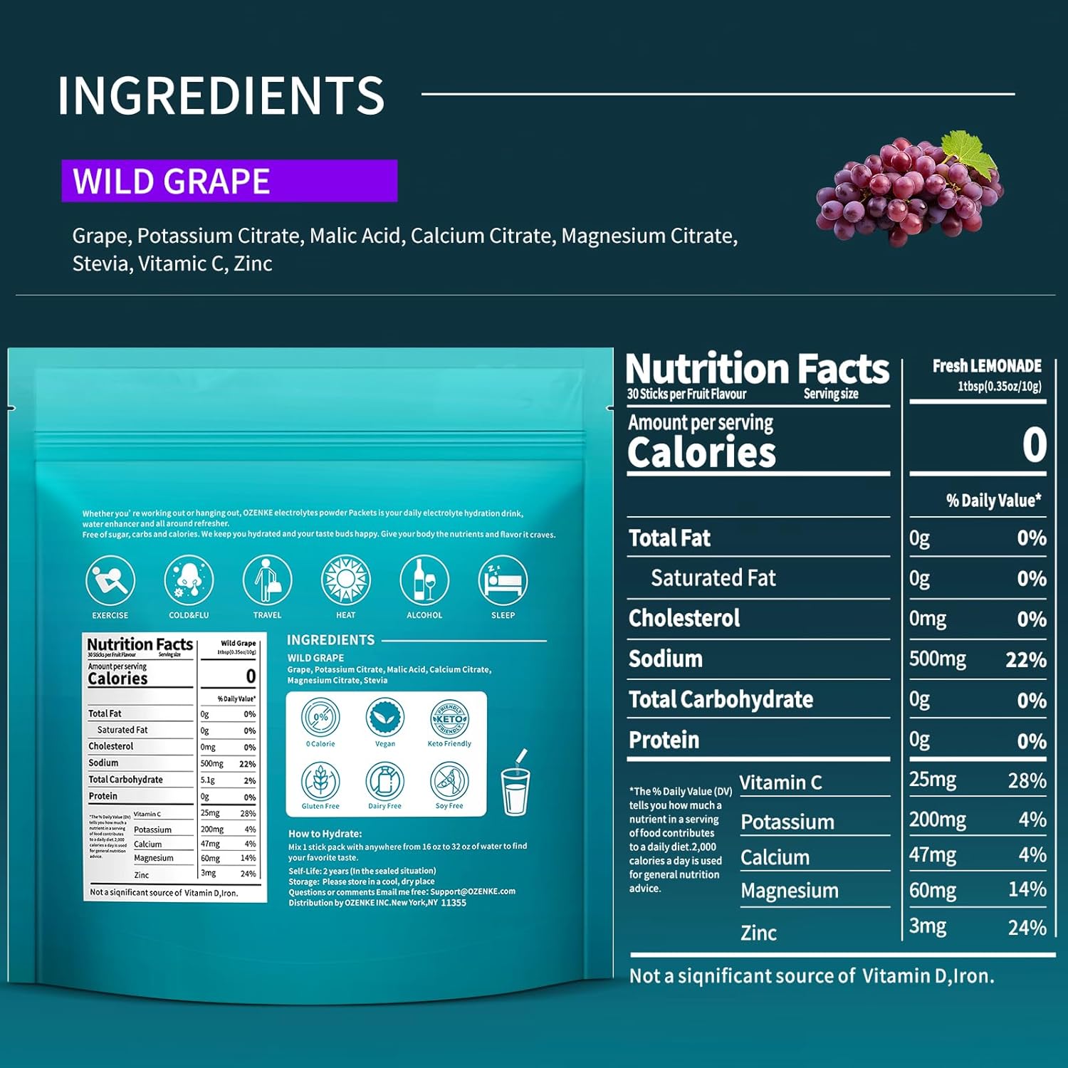 OZENKE Electrolyte Powder Packets - 30 Sticks, Sugar-Free Hydration Mix for Rapid Hydration, Grape Flavor, 0 Calorie & 0 Sugar