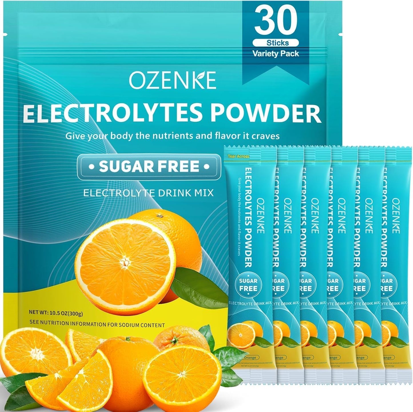 OZENKE Electrolytes Powder Packets - 30 Sticks Sugar-Free Hydration Mix - Orange Flavor, 0 Calorie Rapid Hydration Drink