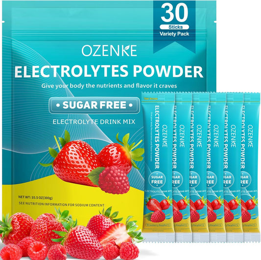 OZENKE Electrolytes Powder Packets - 30 Sticks, Sugar Free Hydration Drink Mix for Rapid Hydration - Strawberry & Raspberry Flavor